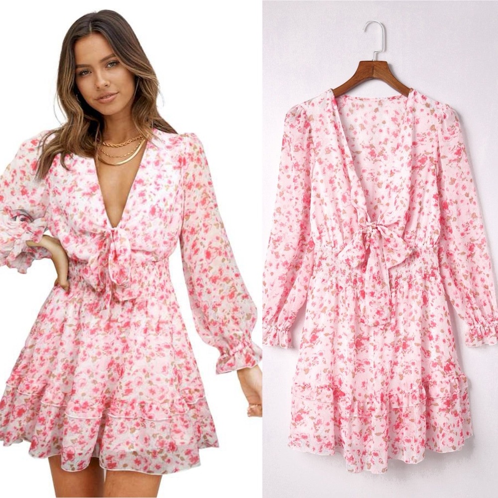 Pink Deep V-Neck Lantern Sleeve Knotted Tired Mini Dress Pink Sz L